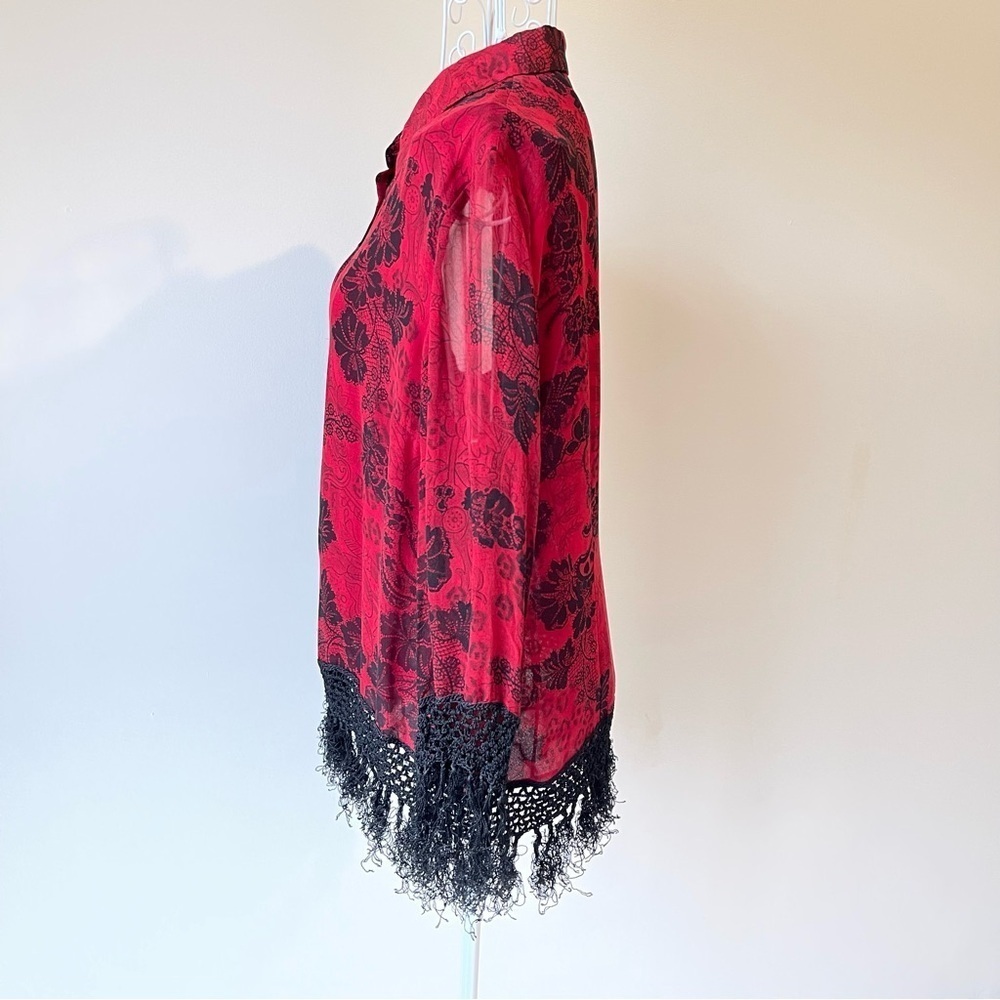 Vintage Spencer Jeremy Silk Semi Sheer Button Down Blouse Fringe red black SZ 10 - Picture 4 of 7